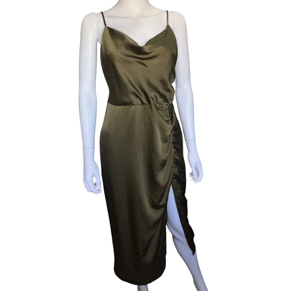 ASTR Satin Olive Green Midi Dress With Ruched Side Slit Adjustable Straps Size M - Picture 1 of 9